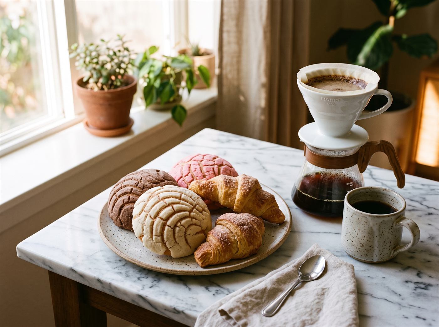 Selección de pan dulce horneado en casa, junto a una taza de café